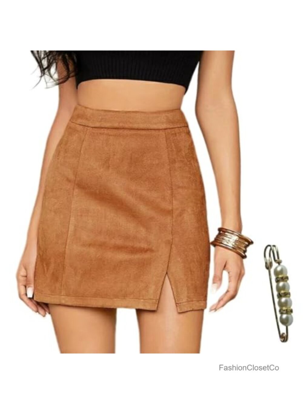 Suede Mini Skirt High Waist Side Slit Zip Bodycon Skirt